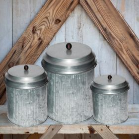 Galvanized Metal Lidded Canister With Ribbed Pattern; Set of Three; Gray