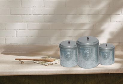 Galvanized Metal Lidded Canister With Ball Knob; Set of Three; Gray