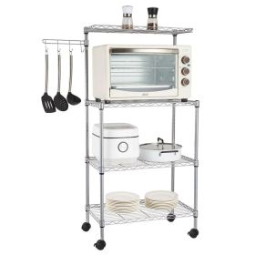 4 Tier Bread Holder Kitchen Utility Trolley Storage Rack Microwave Rack with Hooks Chrome Plated for Restaurant;  Home;  Silver