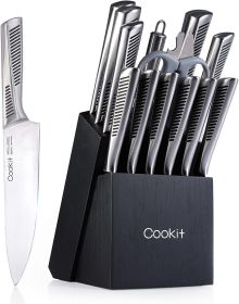 Kitchen Knife Set, Cookit 15 Pieces Knife Set with Block Manual Sharpener, Stainless Steel Hollow Handle Chef Bread Steak Knife Scissors
