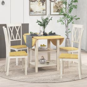 Farmhouse Wooden Round Dining Table Set, Drop Leaf Kitchen Table Set with 2-tier Storage Shelves and 4 Cross Back Chairs for Small Places