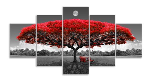 Canvas Wall Art Red Tree Wall Art with Moon Black and White Landscape Pictures for Wall Decor Large Pictures for Living Room 5 Pieces