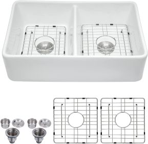 32&quot; L x 20&quot; W Double Basin Farmhouse Kitchen Sink with Basket Strainer