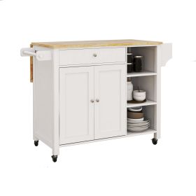Double Door Kitchen Island with Lockable Wheels; Towel Rack; Storage Drawer and Three Open Shelves-White