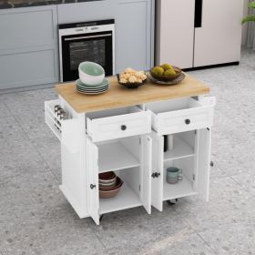 Kitchen Island Cart with Two Storage Cabinets and Two Locking Wheels; 43.31 Inch Width; 4 Door Cabinet and Two Drawers; Spice Rack; Towel Rack (White)