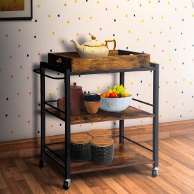 Tray Top Wooden Kitchen Cart with 2 Shelves and Casters; Brown and Black; DunaWest