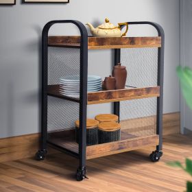 3 Tier Wood and Metal Kitchen Cart with Mesh Side Panel; Brown and Black; DunaWest