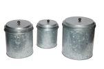 Galvanized Metal Lidded Canister With Ribbed Pattern; Set of Three; Gray