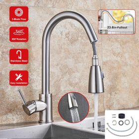 Kitchen Faucets Single Handle Kitchen Sink Faucet Brushed Nickel Stainless Steel Pulldown Head Faucet (Color: Silver)