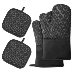 Kitchen Oven Glove High Heat Resistant 350 Degree Extra Long Oven Mitts 4pcs Set (Color: black)
