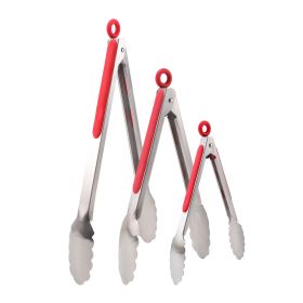 Stainless Steel Kitchen Tongs Set of 3, Locking Metal Food Tongs Non-Slip Grip (Color: Red)