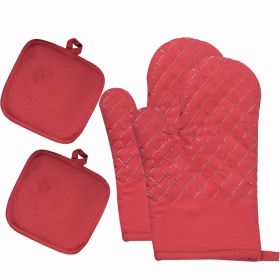 Kitchen Oven Glove High Heat Resistant 350 Degree Extra Long Oven Mitts 4pcs Set (Color: Red)