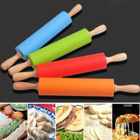 30cm Wooden Handle Silicone Rolling Pin Non-Stick Kitchen Baking Cooking Tool (Color: Red)