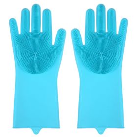 1 Pair Gloves Kitchen Silicone Cleaning Gloves Magic Dish Washing for Household Scrubber Rubber Kitchen Clean Tool (Color: Blue)