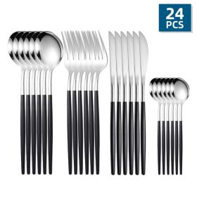 24pcs/Set Stainless Steel Cutlery; Portuguese Cutlery Spoon; Western Cutlery Set (Color: Silver + Black)
