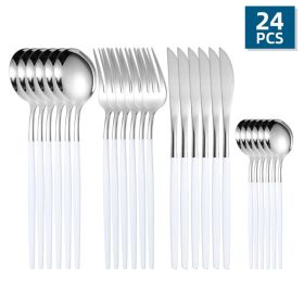 24pcs/Set Stainless Steel Cutlery; Portuguese Cutlery Spoon; Western Cutlery Set (Color: Silver + White)