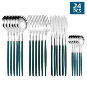 24pcs/Set Stainless Steel Cutlery; Portuguese Cutlery Spoon; Western Cutlery Set (Color: Silver + Green)
