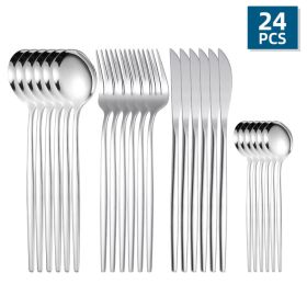 24pcs/Set Stainless Steel Cutlery; Portuguese Cutlery Spoon; Western Cutlery Set (Color: Silvery)