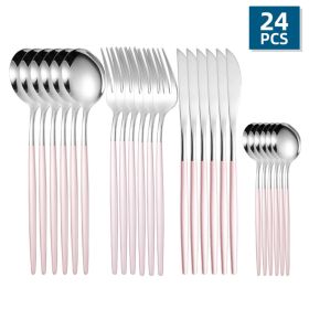 24pcs/Set Stainless Steel Cutlery; Portuguese Cutlery Spoon; Western Cutlery Set (Color: Silver + Powder)