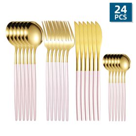 24pcs/Set Stainless Steel Cutlery; Portuguese Cutlery Spoon; Western Cutlery Set (Color: Gold + Pink)