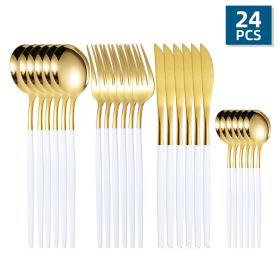 24pcs/Set Stainless Steel Cutlery; Portuguese Cutlery Spoon; Western Cutlery Set (Color: Gold + White)