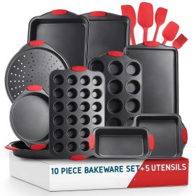 Nonstick Bakeware Set - 15 Piece Bakeware Set with Silicone Handles and Utensils - Oven Safe and Carbon Steel Cookie Sheets;  Baking Sheets (Color: black)