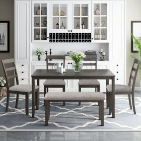 6-Piece Kitchen Simple Wooden Dining Table and Chair with Bench, Fabric Cushion (Color: Gray)