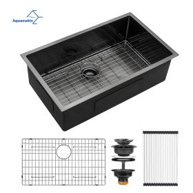 Aqucubic Large Gunmetal Black Handmade 304 Stainless Steel Undermount Kitchen Sink with Accessories (Color: 3021A1BR10)