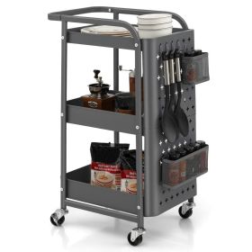 Multifunction 3-Tier Utility Storage Cart Metal Rolling Trolley W/ DIY Pegboard Baskets (Color: Grey)