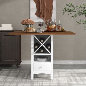 Farmhouse Wood Counter Height Dining Table with Drop Leaf;  Kitchen Table with Wine Rack and Drawers for Small Places (Color: White+Walnut)