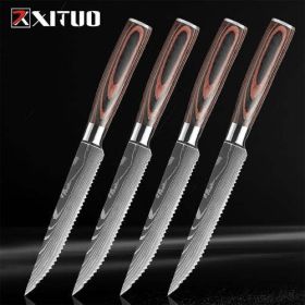 XITUO Damascus steel steak knife g10 handle knife set home dinner (Color: Grey)