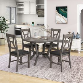 Mid-Century 5-Piece Dining Table Set;  Round Table with Cross Legs;  4 Upholstered Chairs for Small Places;  Kitchen;  Studio (Color: Gray)