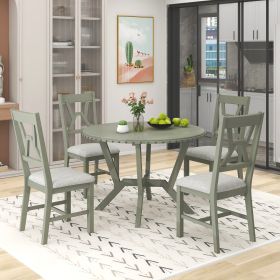 Mid-Century 5-Piece Dining Table Set;  Round Table with Cross Legs;  4 Upholstered Chairs for Small Places;  Kitchen;  Studio (Color: green)
