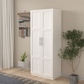 High wardrobe and kitchen cabinet with 2 doors and 3 partitions to separate 4 storage spaces; white (Color: White)
